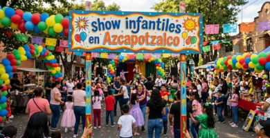 Show infantiles en Azcapotzalco con personajes animados y niños disfrutando una fiesta llena de diversión